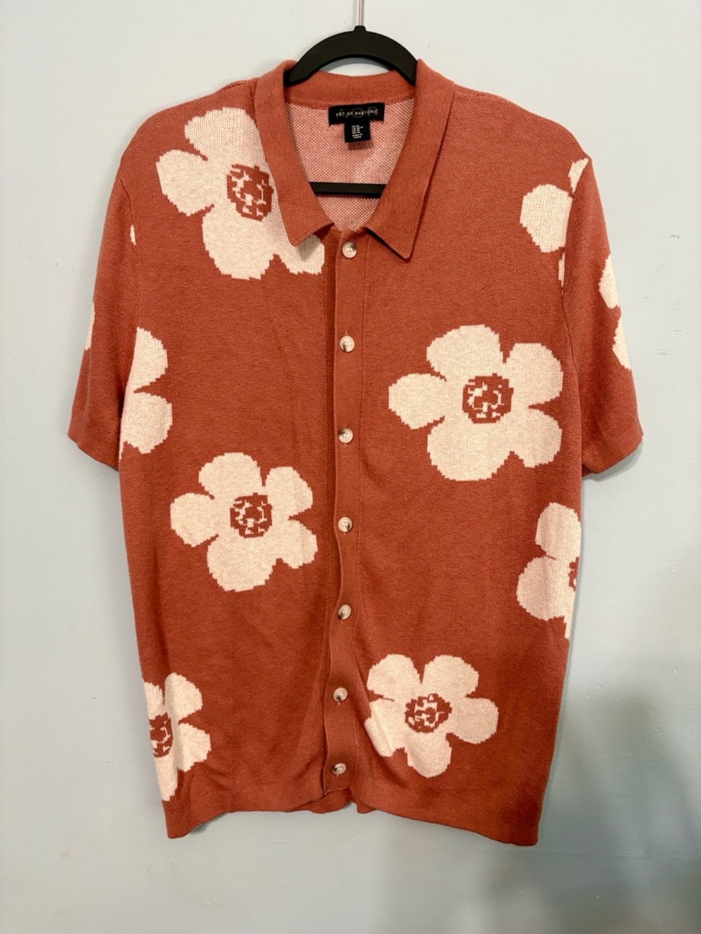 Men’s Medium Art of rhetoric Short-Sleeve Floral Knit cardigan - Rust & Cream